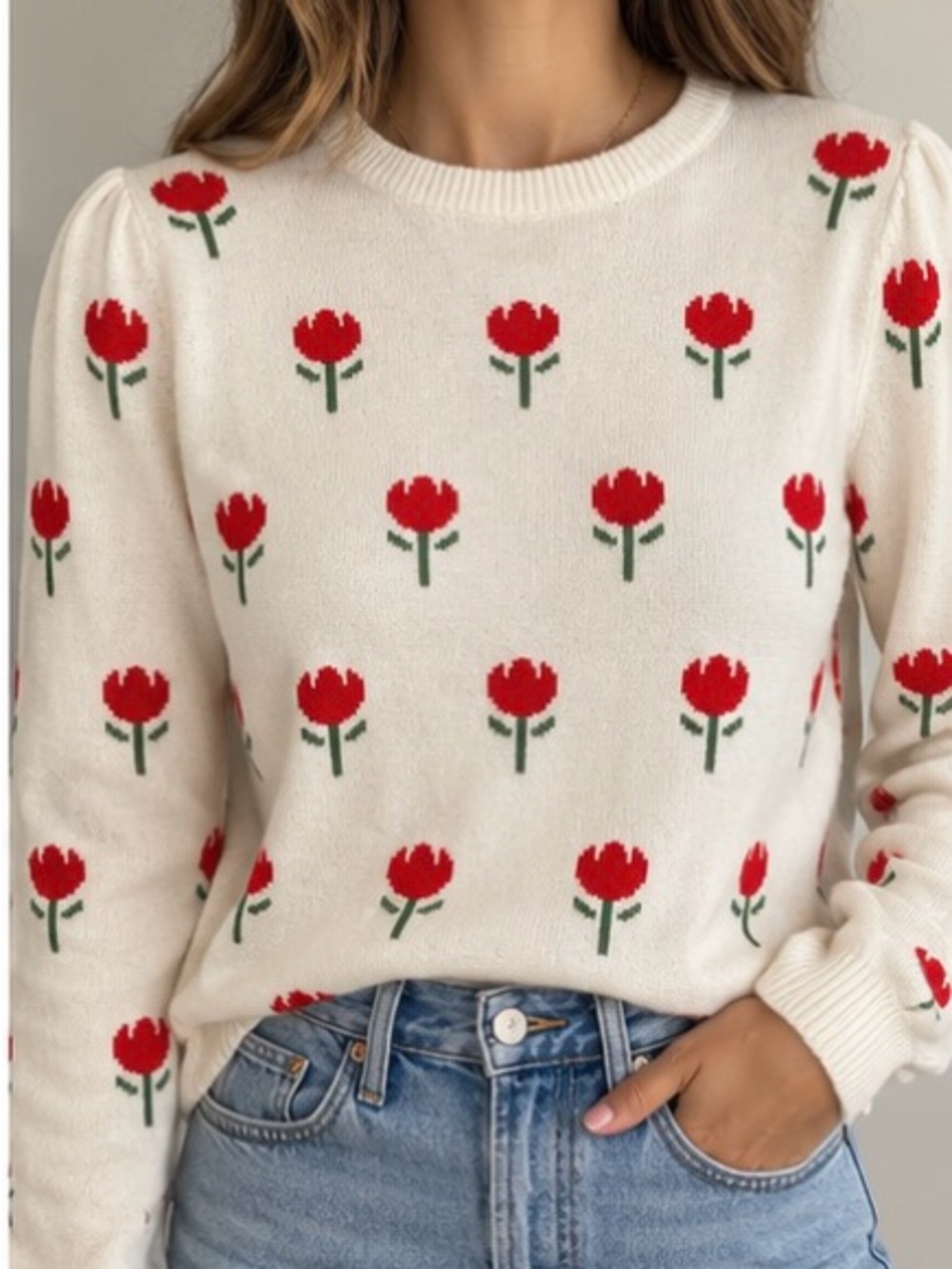 Two Bees Cashmere XS Red Tulip Floral Cotton Cashmere Crewneck Sweater